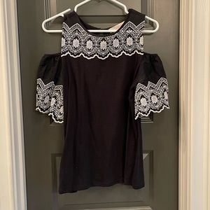 Loft black cold shoulder top with beautiful while embroidery.
